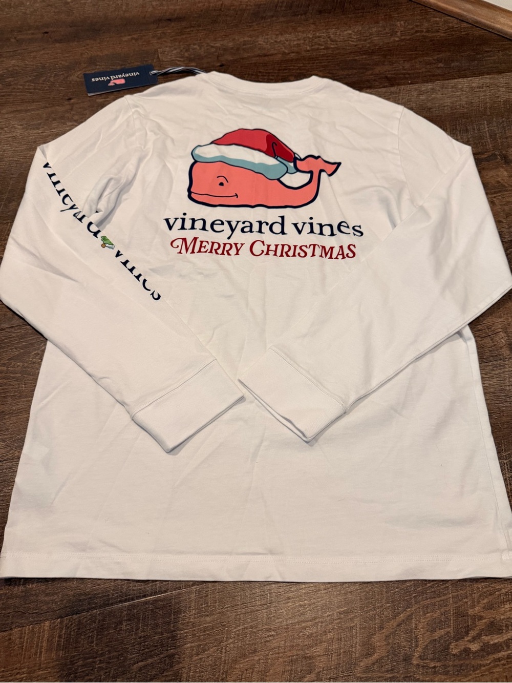 NWT Vineyard Vines Boys Santa Whale Long Sleeve Pocket Tee White Size Large - Picture 6 of 6